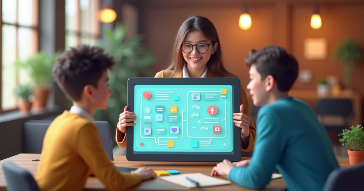 Equipe pequena discutindo design system em tablets e laptops