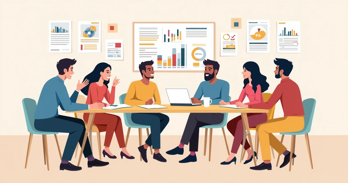 Equipe pequena reunida discutindo métricas de marketing