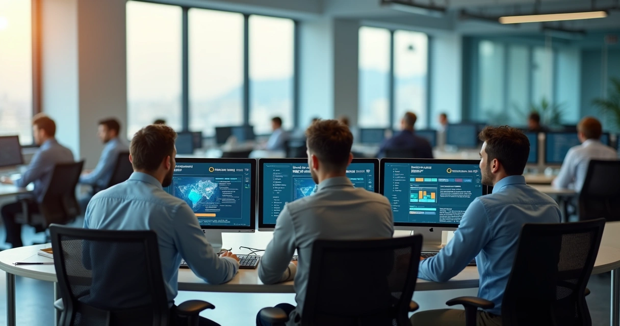 Equipe de escritório de pequena empresa usando computadores com alerta de segurança na tela 