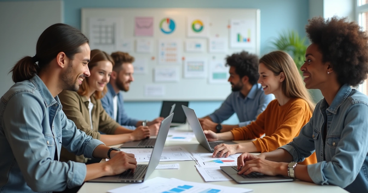 Equipe enxuta reunida ao redor de uma mesa de trabalho, computadores e papéis na mesa 