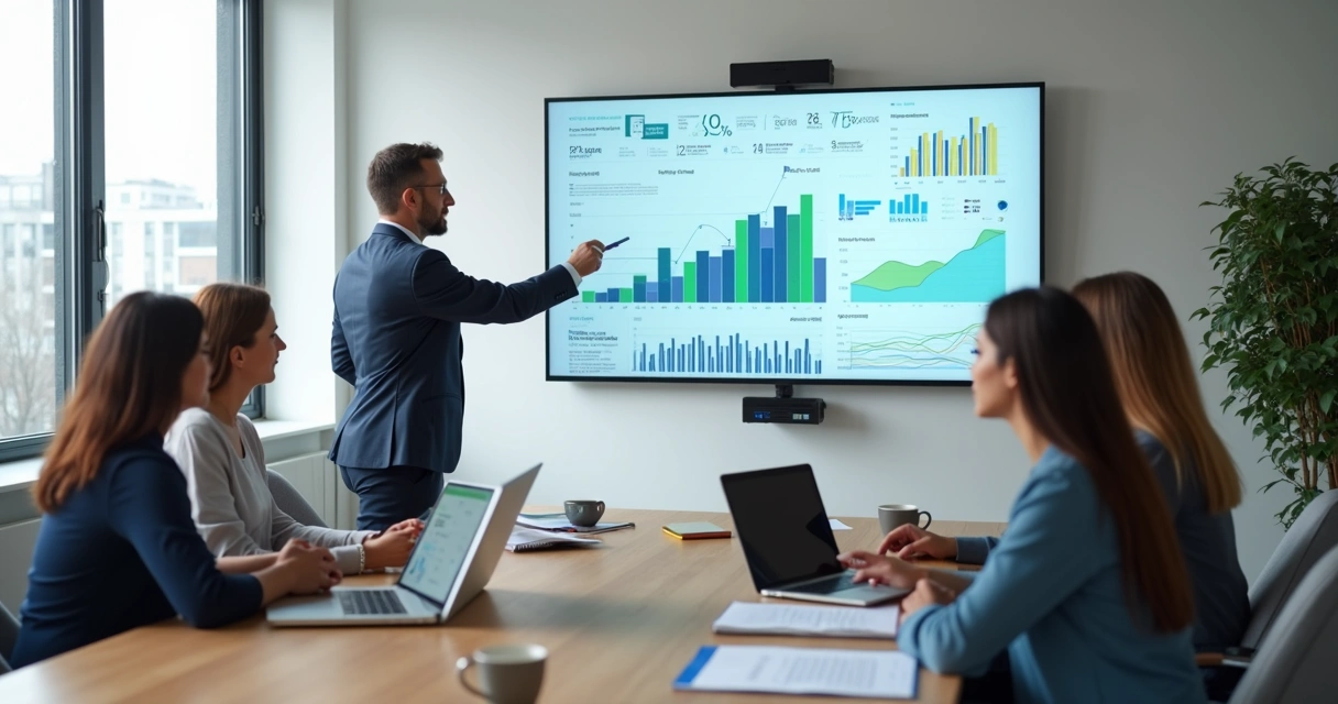 Equipe de pequena empresa analisando dashboards de dados em reunião 