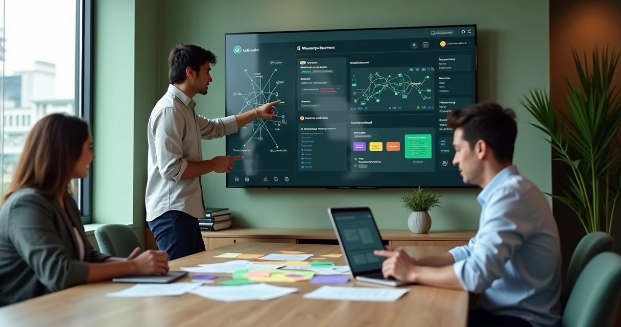 Equipe de pequena empresa olhando painel com chatbot de WhatsApp e métricas de atendimento 