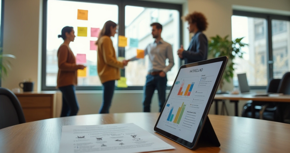 Equipe de pequena empresa organizando tarefas com post-its em parede de vidro 