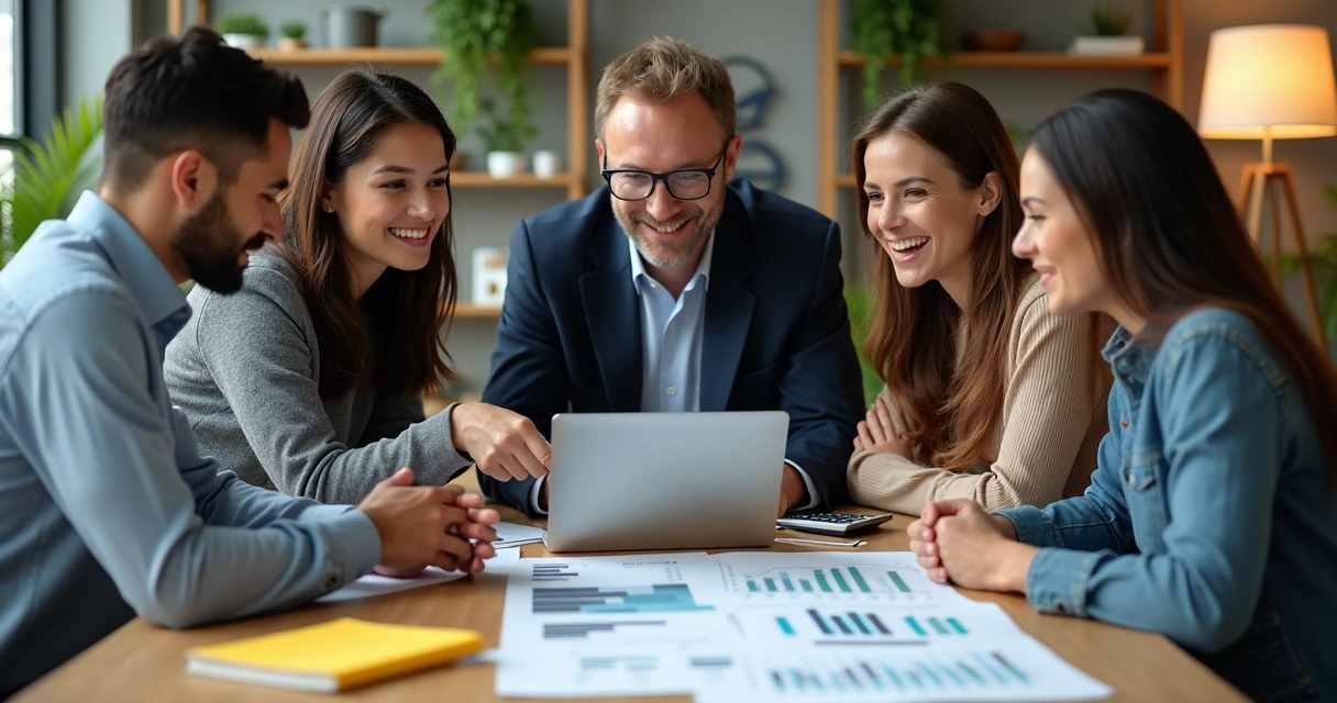Equipe de pequena empresa gerenciando controle financeiro em reunião