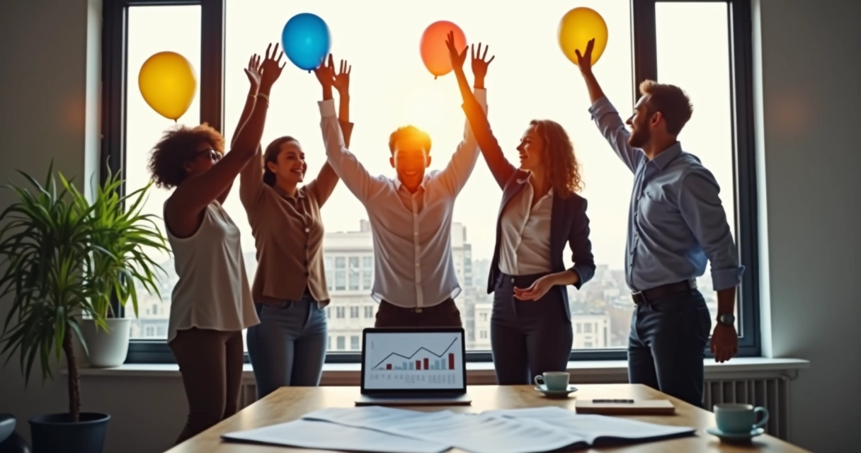 Equipe pequena empresa comemorando resultados financeiros crescentes. 
