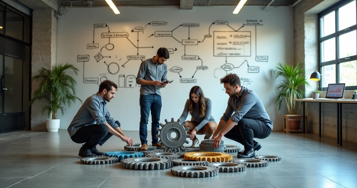 Equipe de pequena empresa montando grandes engrenagens em galpão moderno 
