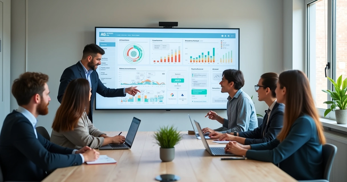 Equipe de pequena empresa analisando painel com gráficos de IA e CRM em tela gigante 