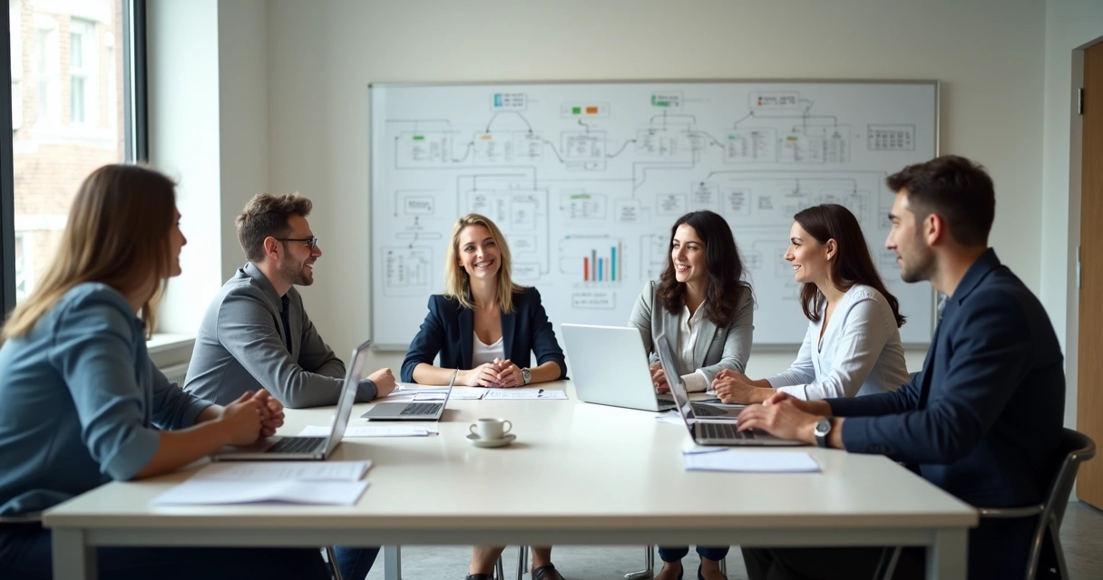 Equipe discutindo gestão em pequena empresa 