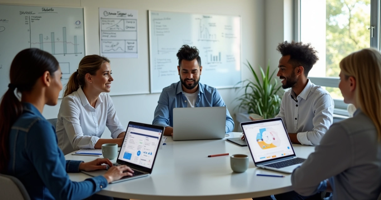 Equipe de pequena empresa usando IA em laptops