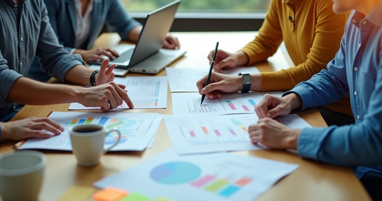 Pequena equipe de empresa em reunião analisando relatórios 