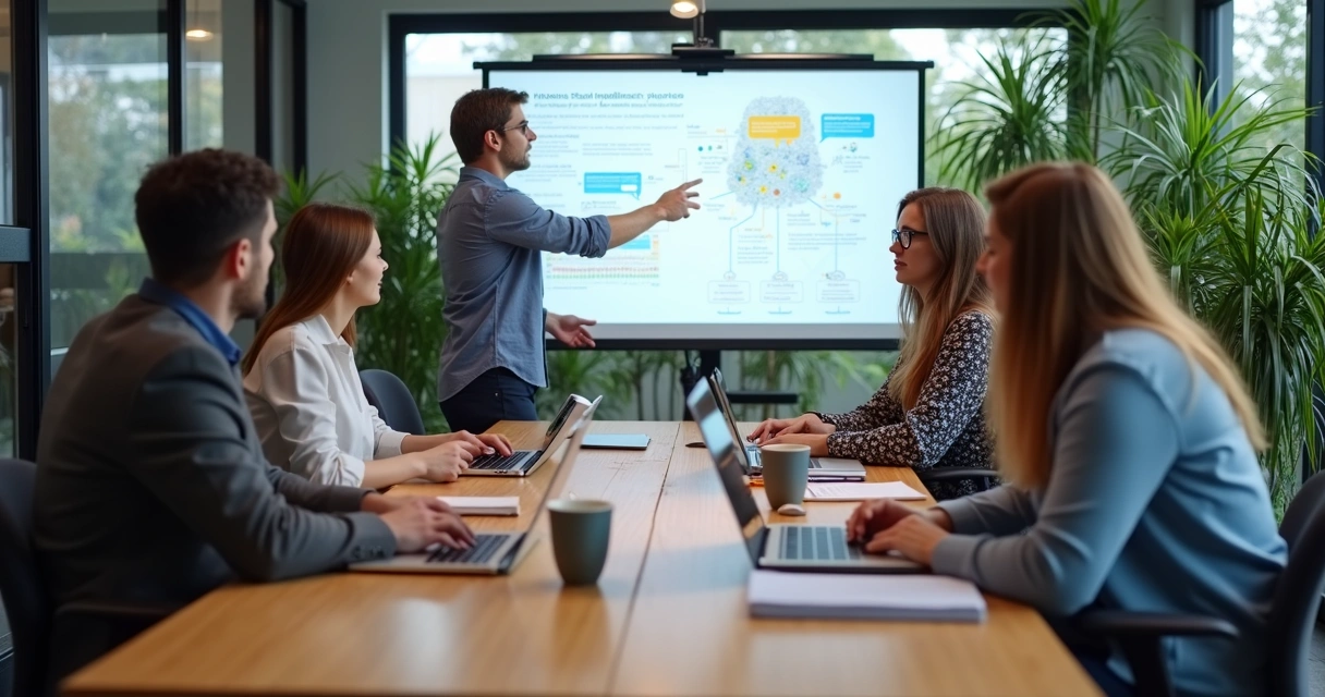 Equipe de pequena empresa em treinamento de IA com lousa ao fundo 