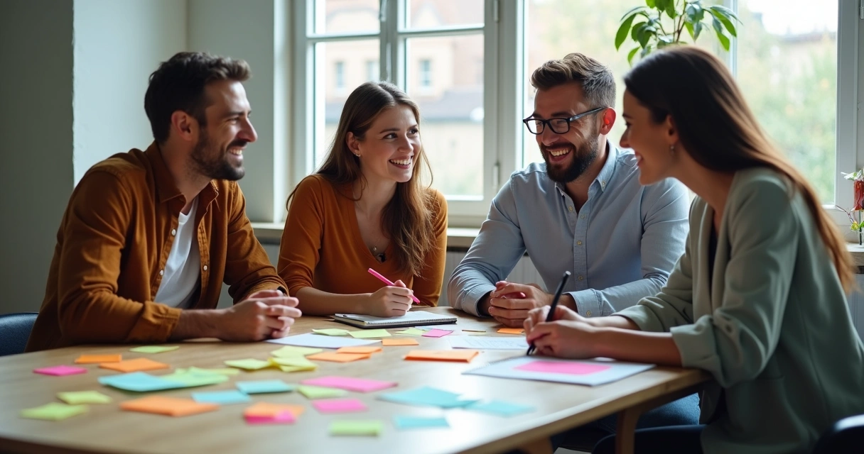 Equipe pequena reunida em volta de uma mesa, sorrindo e apontando para anotações coloridas 