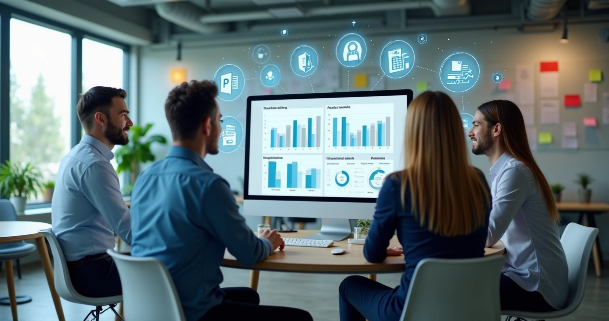 Equipe pequena analisando feedback digital em uma sala moderna