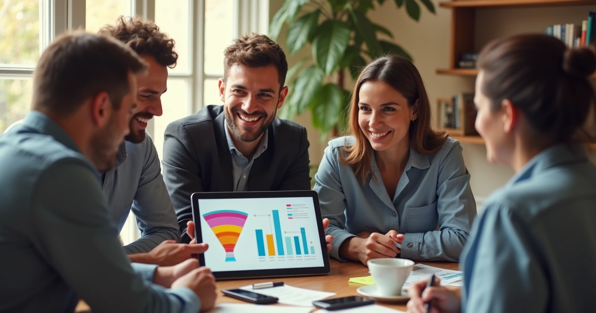 Pequena equipe de vendas reunida ao redor de uma mesa com um tablet mostrando gráficos de vendas 