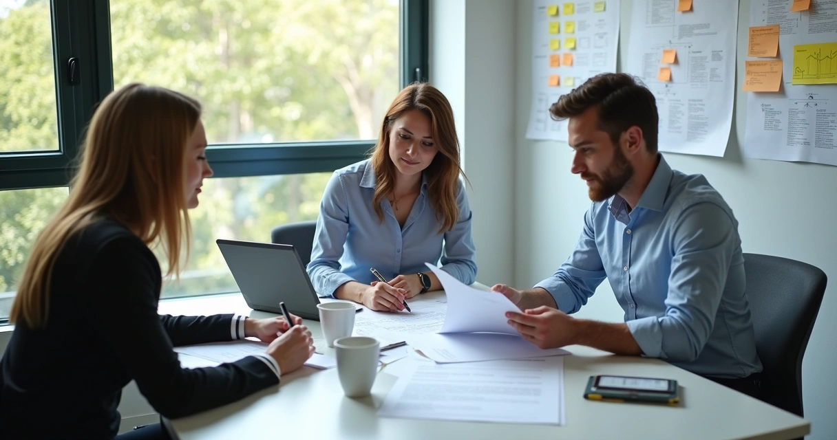 Equipe pequena analisando edital de licitação em sala de reunião