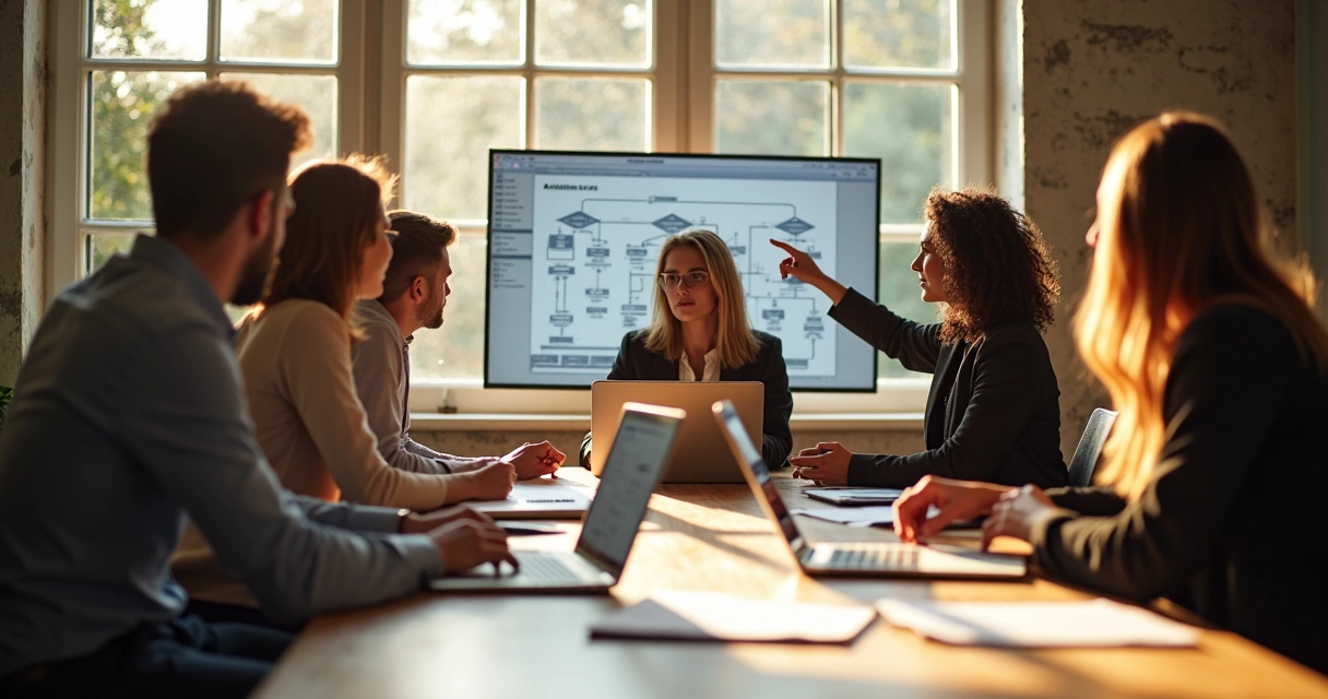 Equipe pequena de marketing reunida em mesa com laptops 