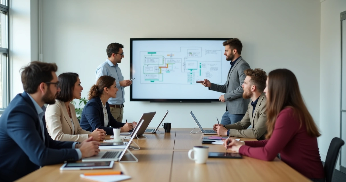 Equipe pequena reunida ao redor de uma mesa com tablets e anotações