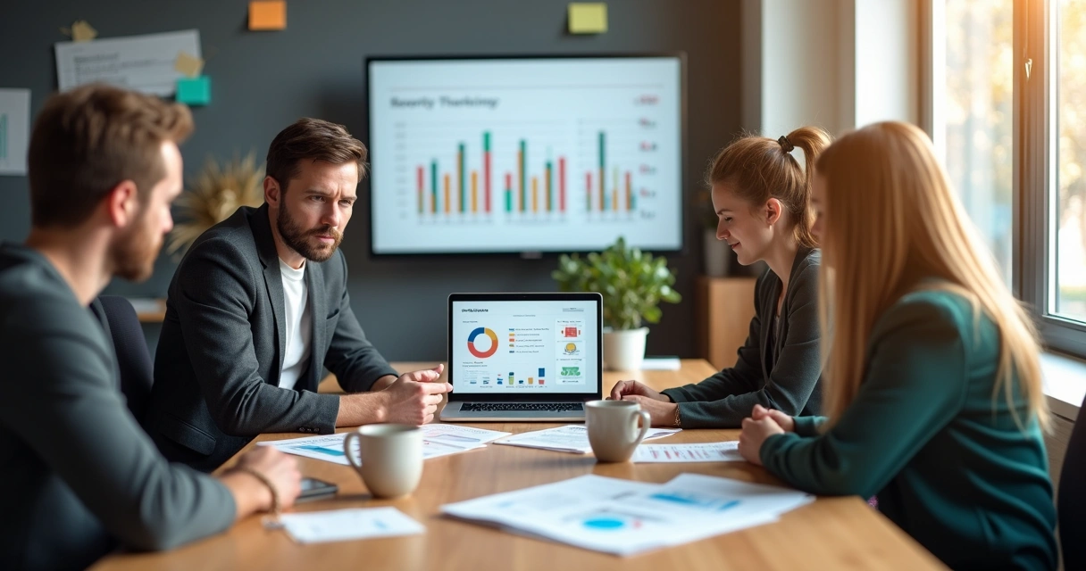 Equipe de pequeno negócio reunida olhando para um notebook 