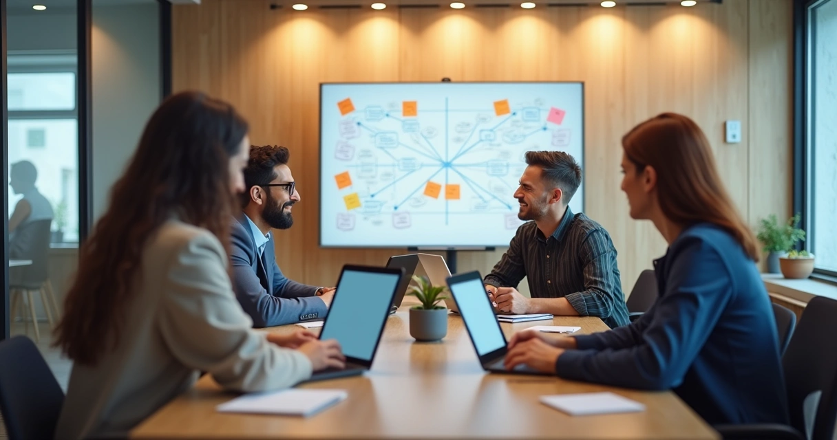 Equipe pequena discutindo estratégia de digitalização em sala de reunião moderna 