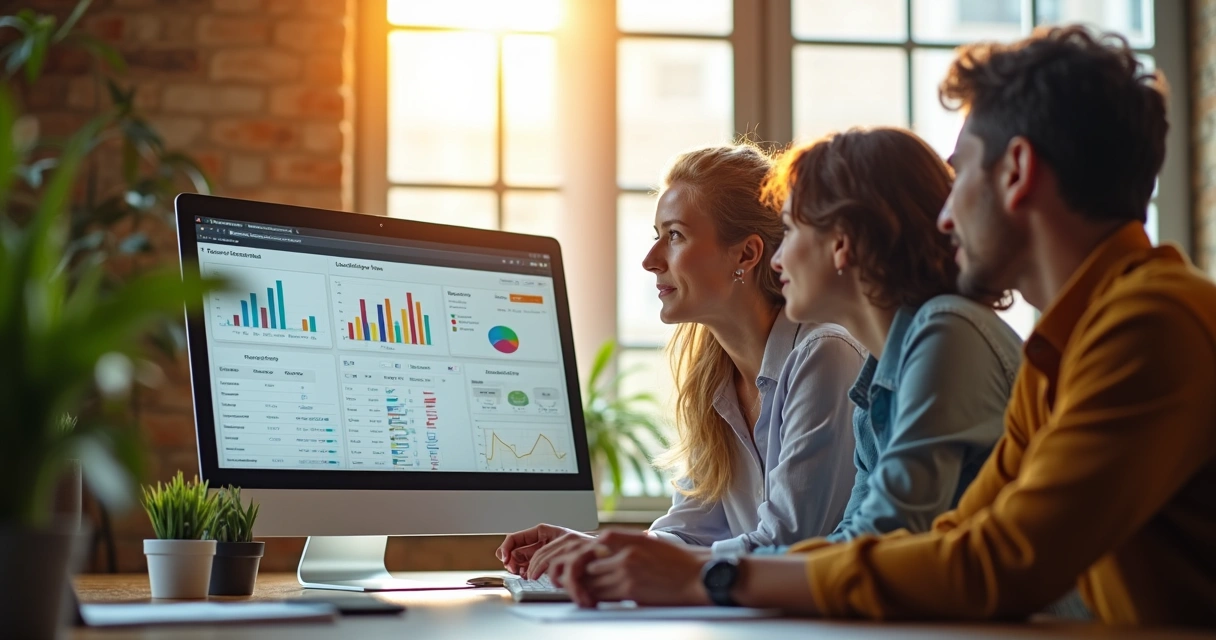 Equipe de pequena empresa conferindo painel financeiro digital com dados de cobrança recorrente 