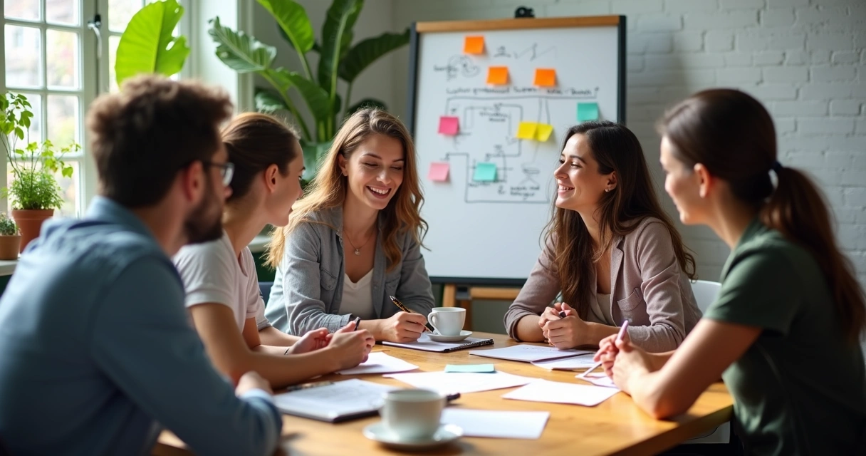 Equipe de cinco pessoas em reunião ao redor de uma mesa com papéis coloridos e quadros brancos ao fundo 
