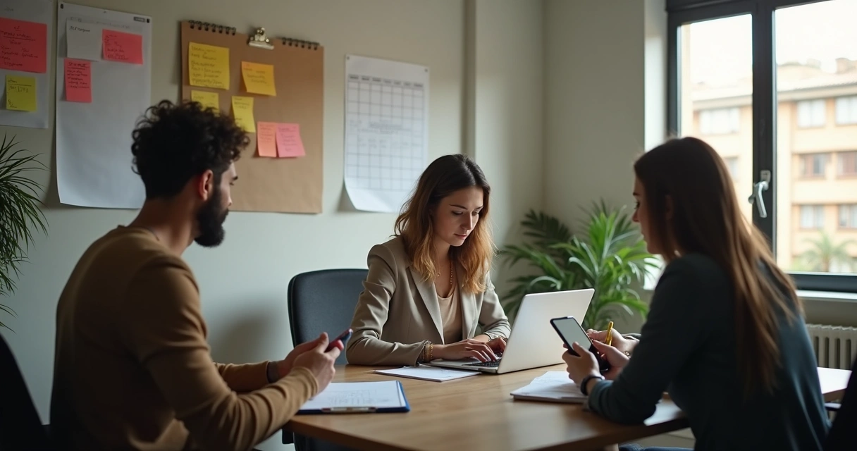 Pequena equipe comercial organizando retornos e contatos com clientes 