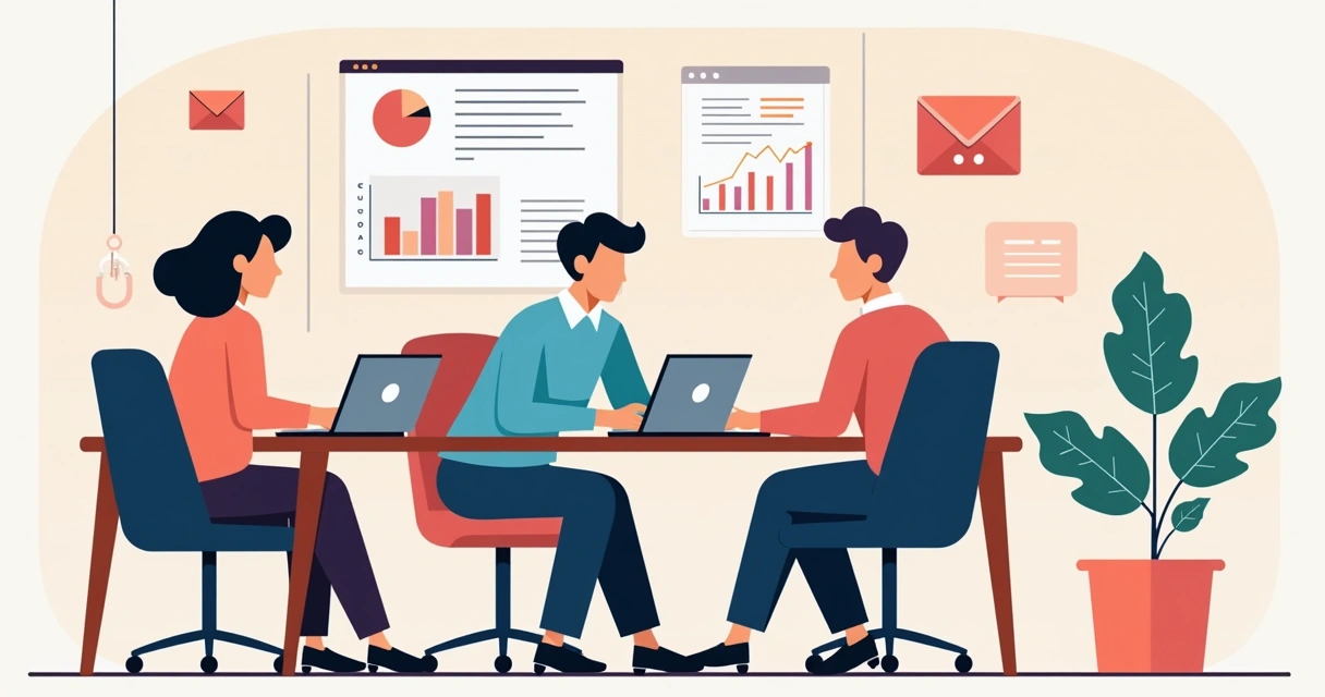 Três profissionais sentados em uma mesa de escritório pequena, discutindo estratégias diante de telas com gráficos e listas de contatos. 
