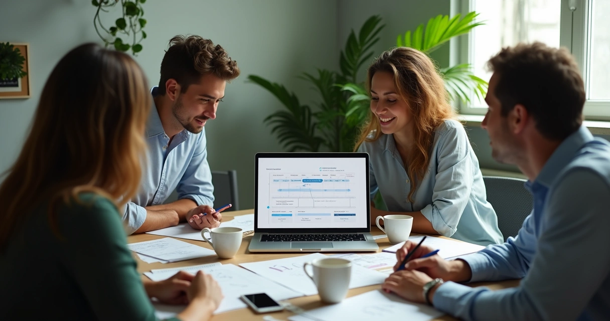 Pequena equipe de vendas olhando CRM em reunião 