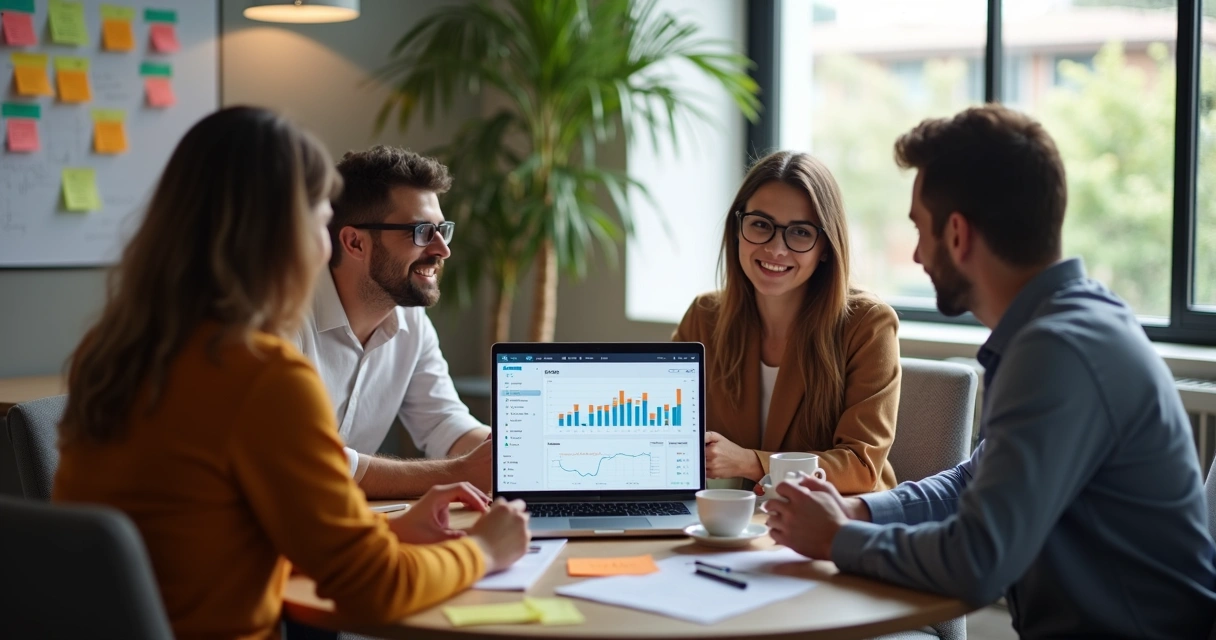 Equipe pequena em uma reunião simples, olhando para um notebook com tela de CRM, post-its e café na mesa.