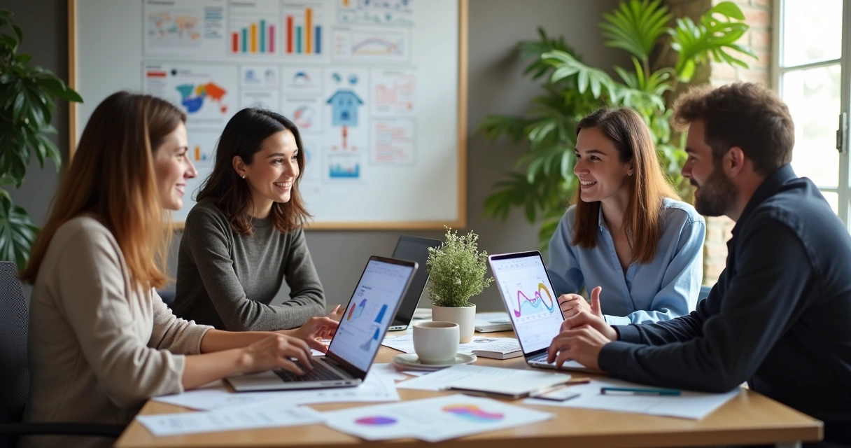 Equipe de trabalho pequena reunida em torno de uma mesa, analisando dados em telas 