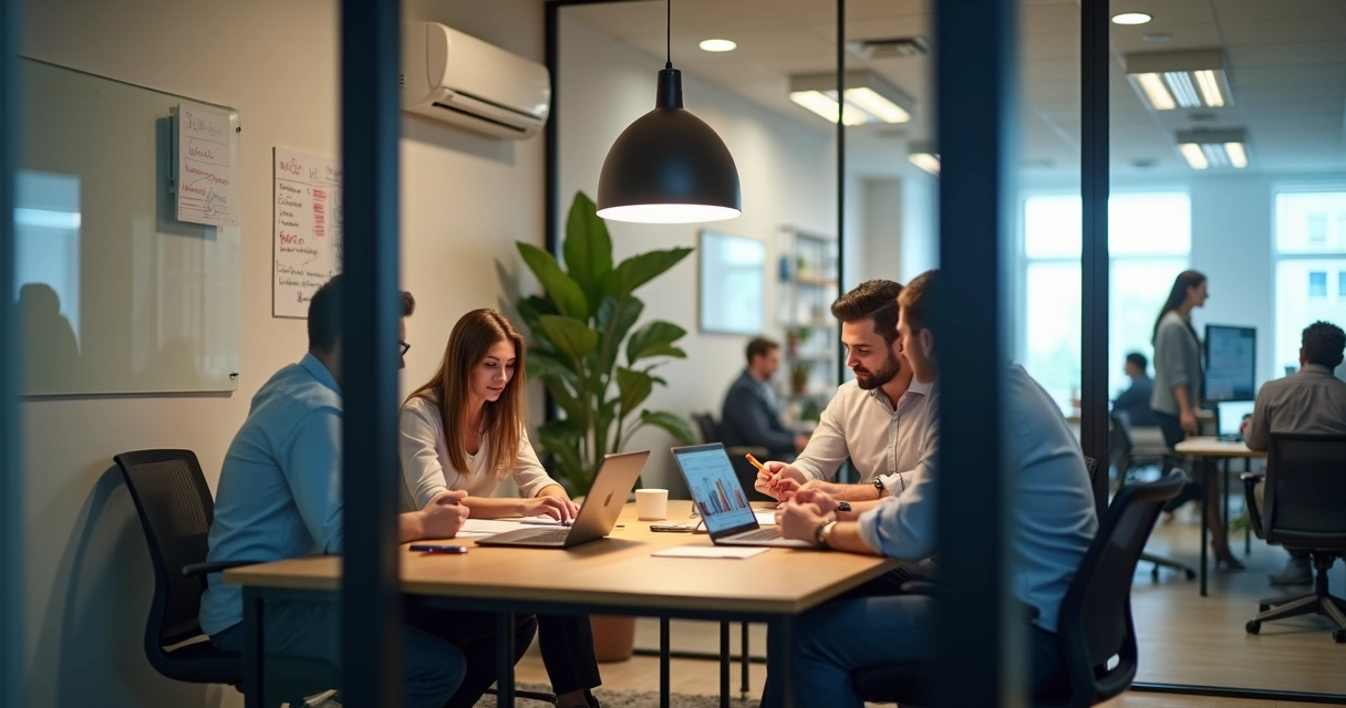 Equipe pequena reunida em sala privativa moderna de coworking 