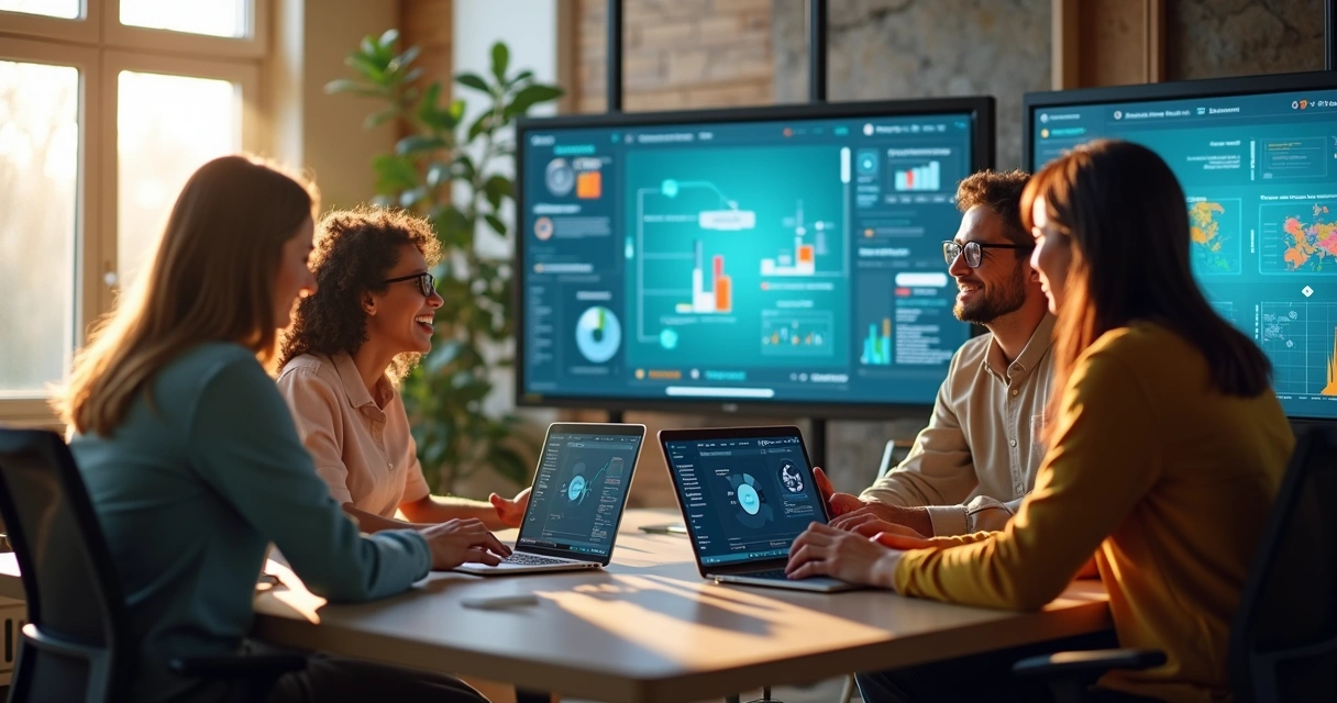 Pequena equipe de vendas utilizando tecnologia no escritório 