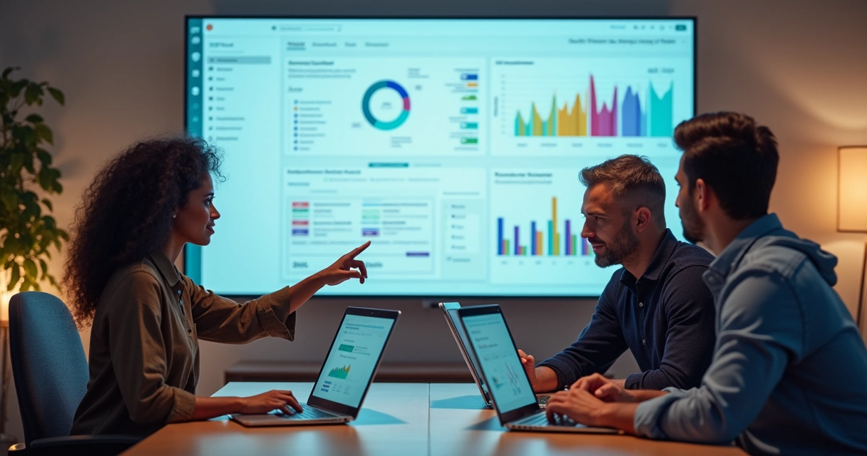 Equipe pequena de TI reunida em volta de uma mesa com laptops abertos 