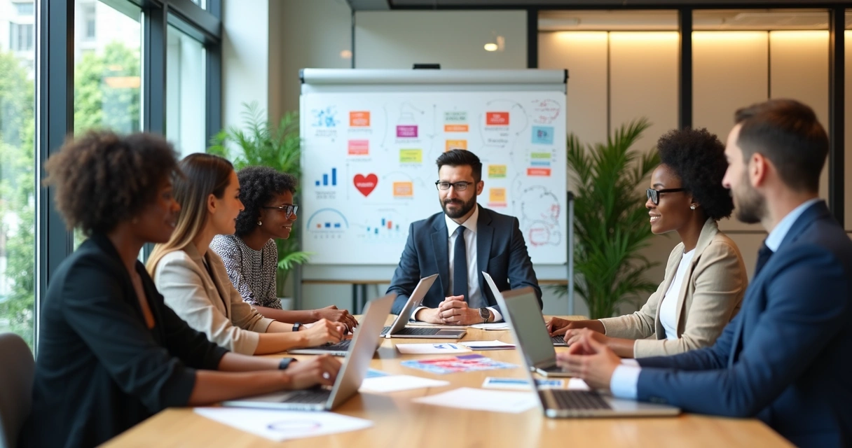 Equipe de pequeno negócio analisando opções de benefícios empresariais 