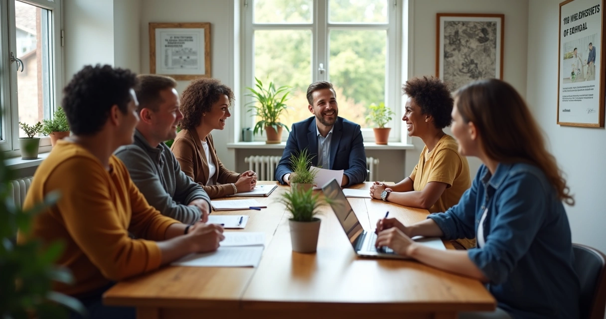 Pequena equipe reunida em reunião discutindo valores éticos