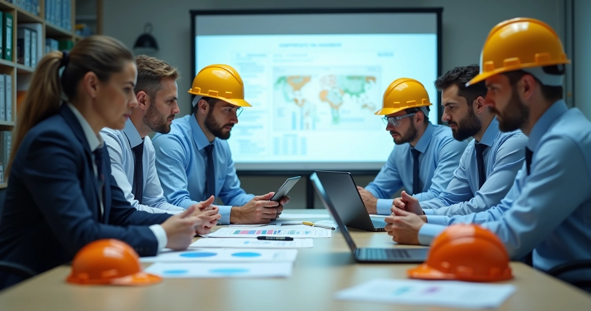 Equipe de peritos analisando documentos em mesa de escritório 