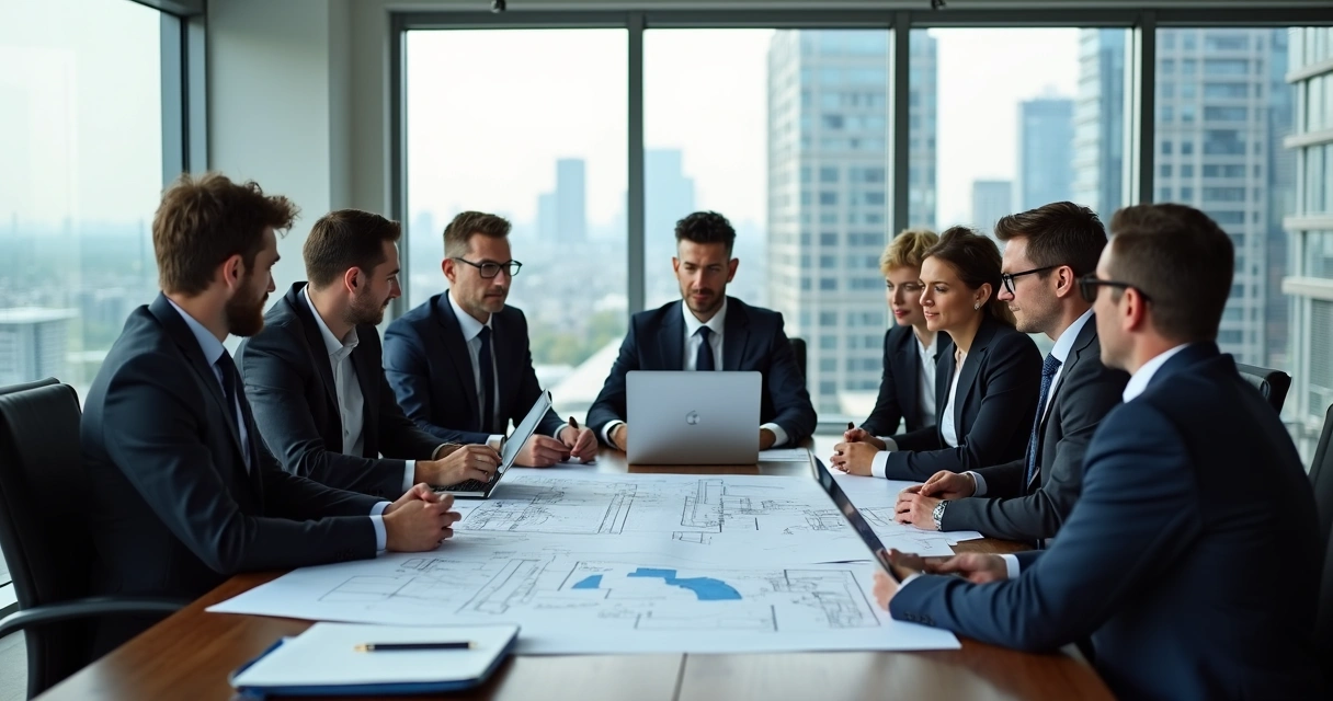 Equipe de engenheiros civis reunida analisando plantas em escritório 