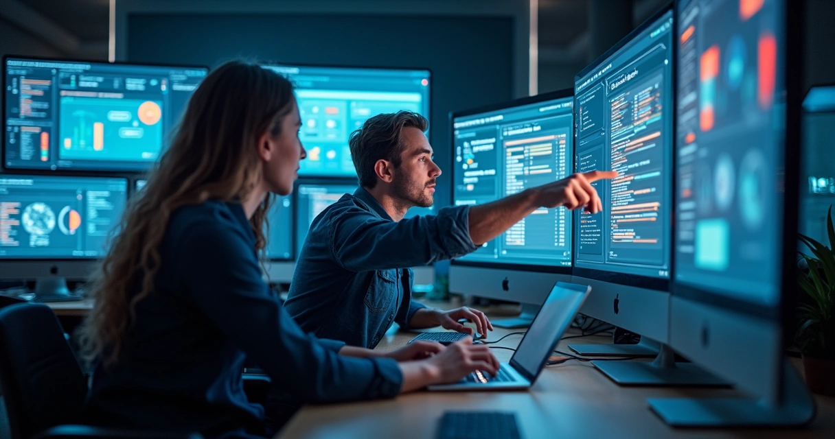 Equipe de desenvolvedores configurando sistema personalizado com IA 