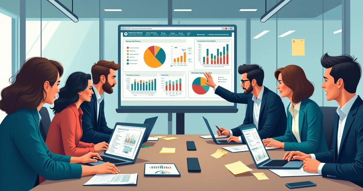 Equipe pesquisando dados de empresas em bancos digitais 
