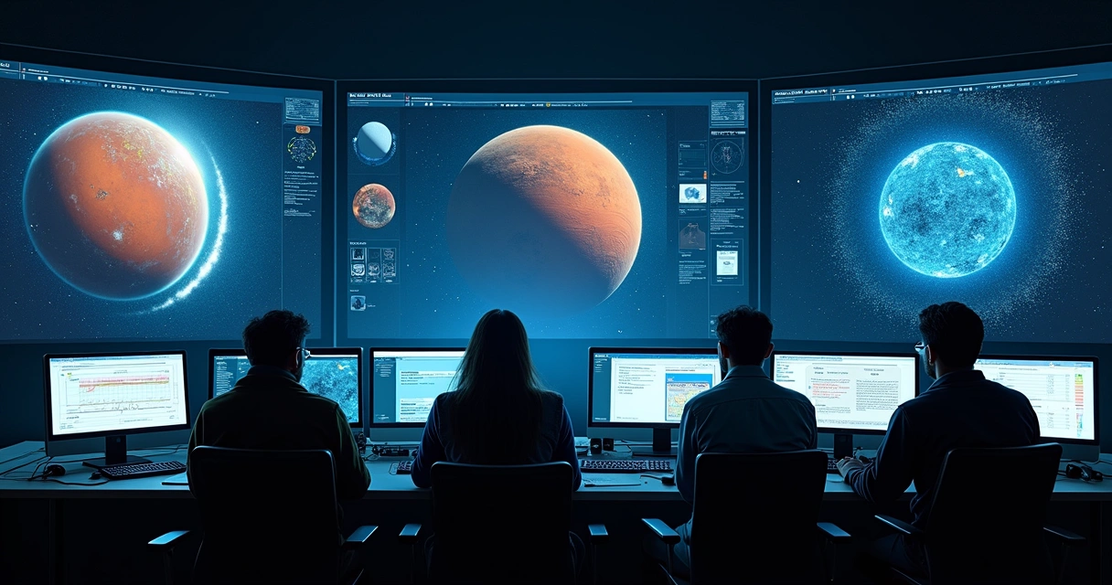 Equipe internacional de astrônomos analisando dados em tela 