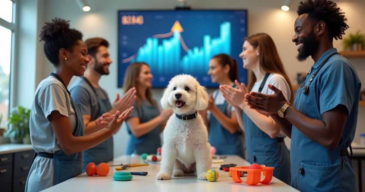 Equipe de petshop comemorando resultados positivos com gráficos ao fundo 
