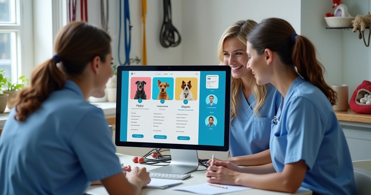 Equipe de petshop reunida em volta de computador analisando cadastro digital de clientes pets