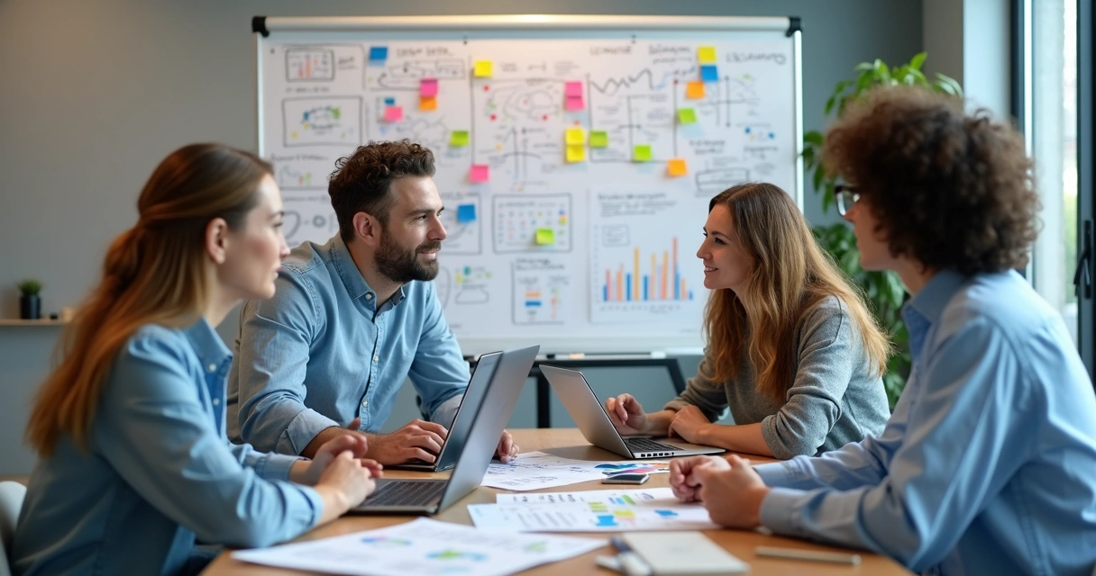 Equipe planejando campanha digital com quadros e notebooks 