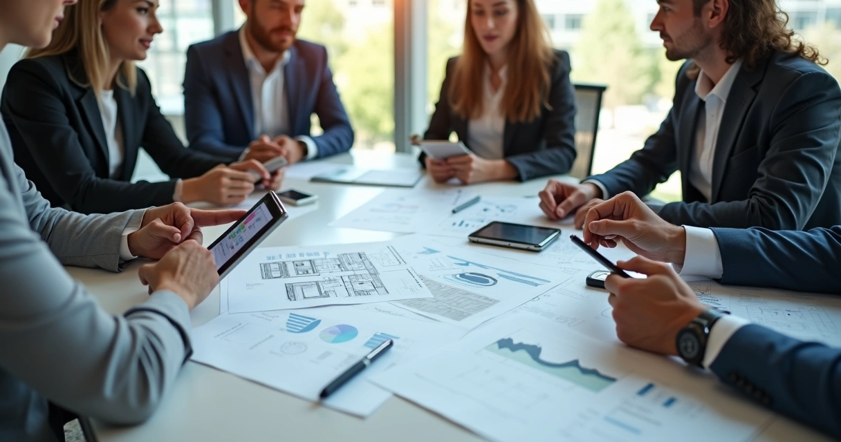 Equipe reunida analisando planejamento de custos em uma construtora 