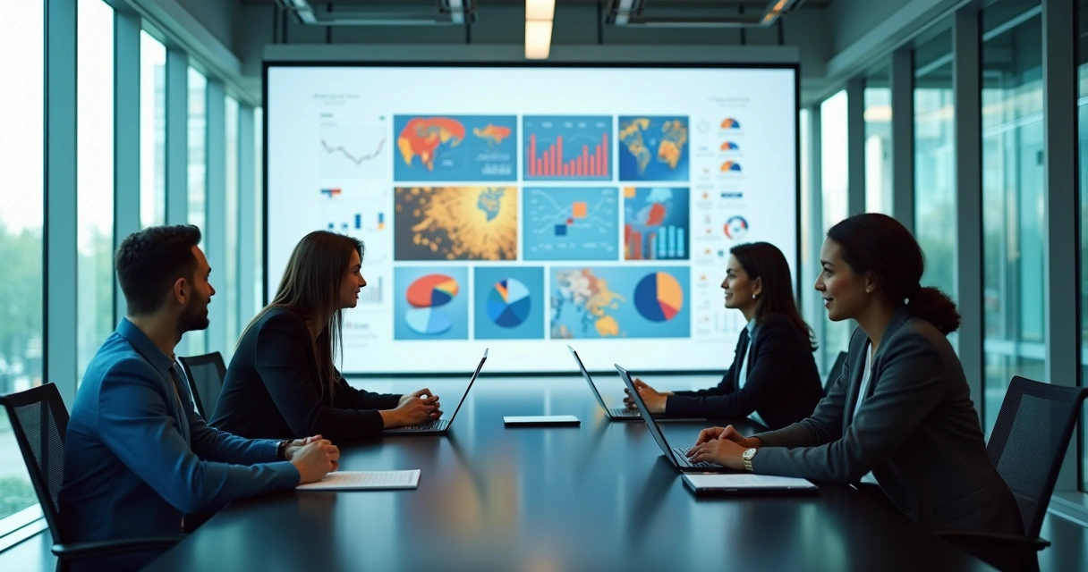 Equipe de negócios analisando gráficos em sala de reunião moderna 