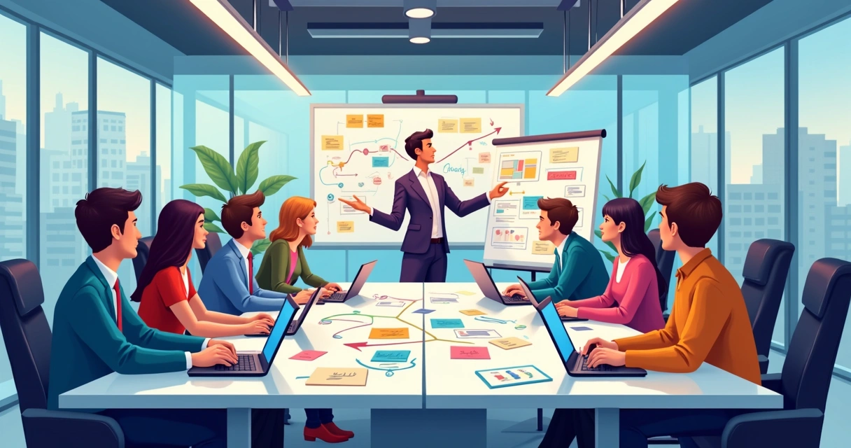 Equipe em reunião planejando estratégias de comunicação em um escritório moderno