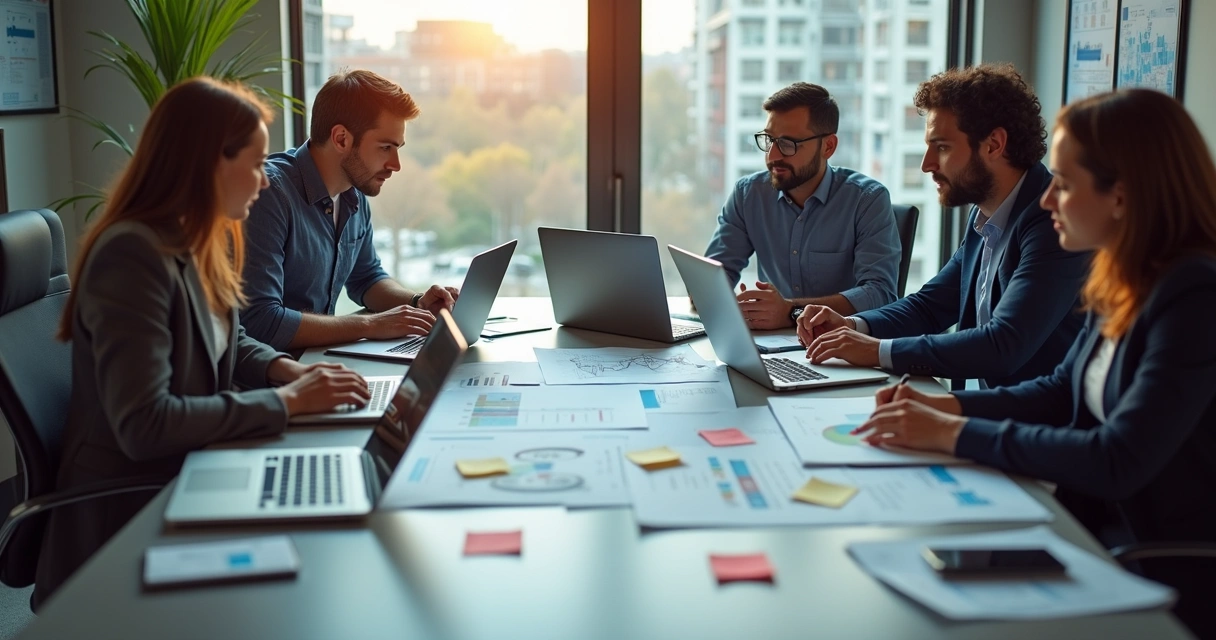 Equipe de planejamento logístico reunida com documentos financeiros 