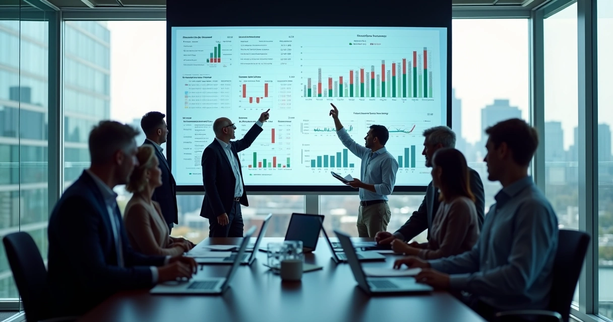 Equipe de finanças analisando gráficos de planejamento financeiro em uma sala com projetor