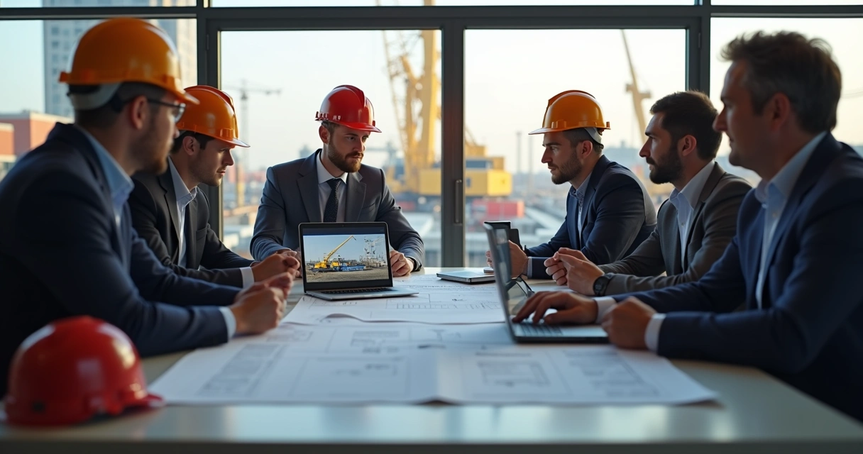 Equipe de planejamento discutindo operação de guindaste com projetos e notebook na mesa