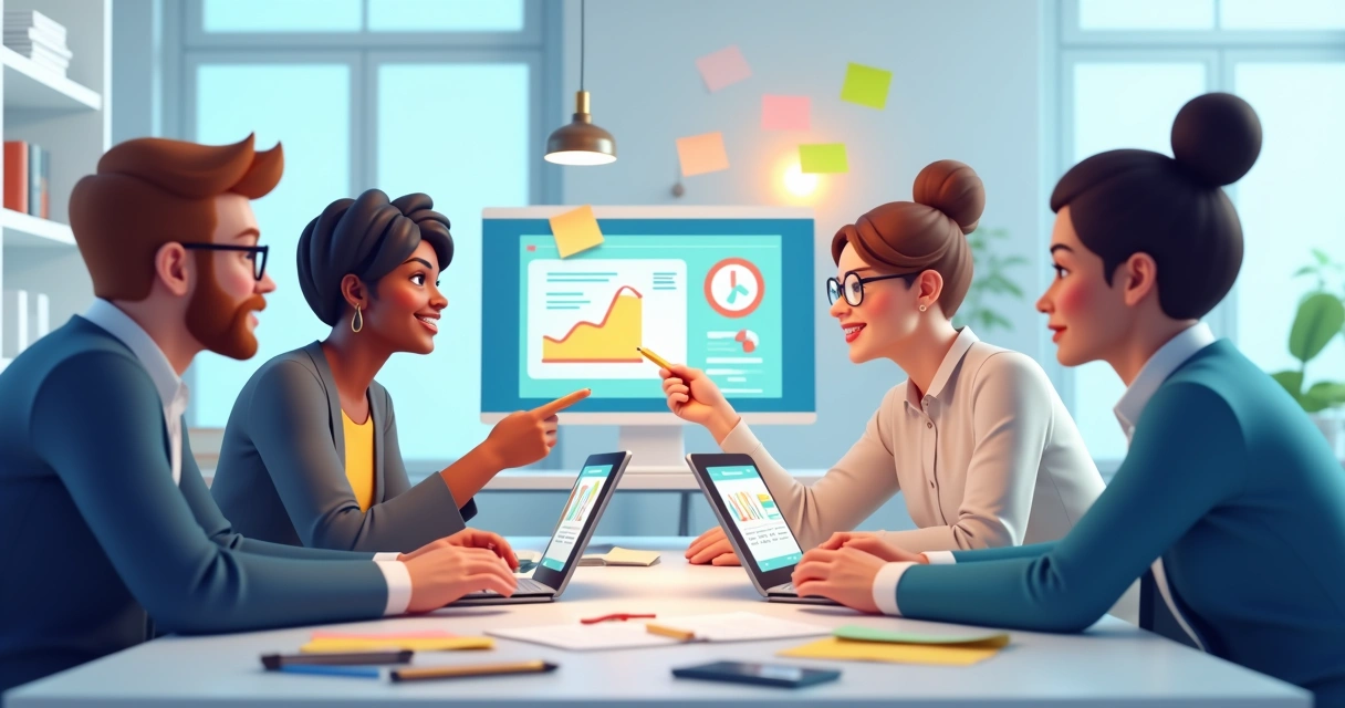 Três pessoas reunidas analisando gráficos e planos de parcerias SaaS 